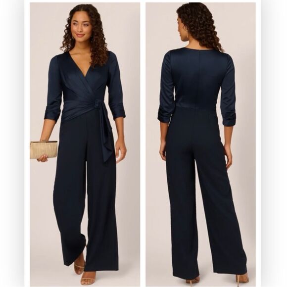 Adrianna Papell Satin Crepe 3 Quarter Sleeve Jumpsuit Buckle Waist 4 NWT $189 - Picture 5 of 7